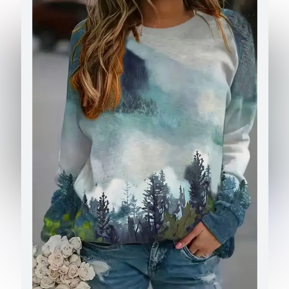 Temu Forest Print T Shirt Casual Long Sleeve Crew Neck